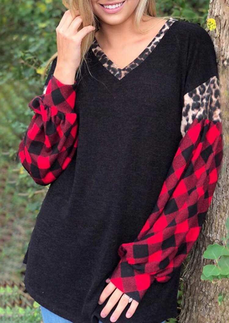 

Buffalo Plaid Leopard Splicing V-Neck Blouse - Black, 488969