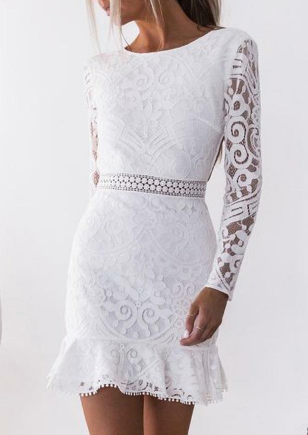 

Lace Splicing Open Back Ruffled Tie Bodycon Dress - White, 488980