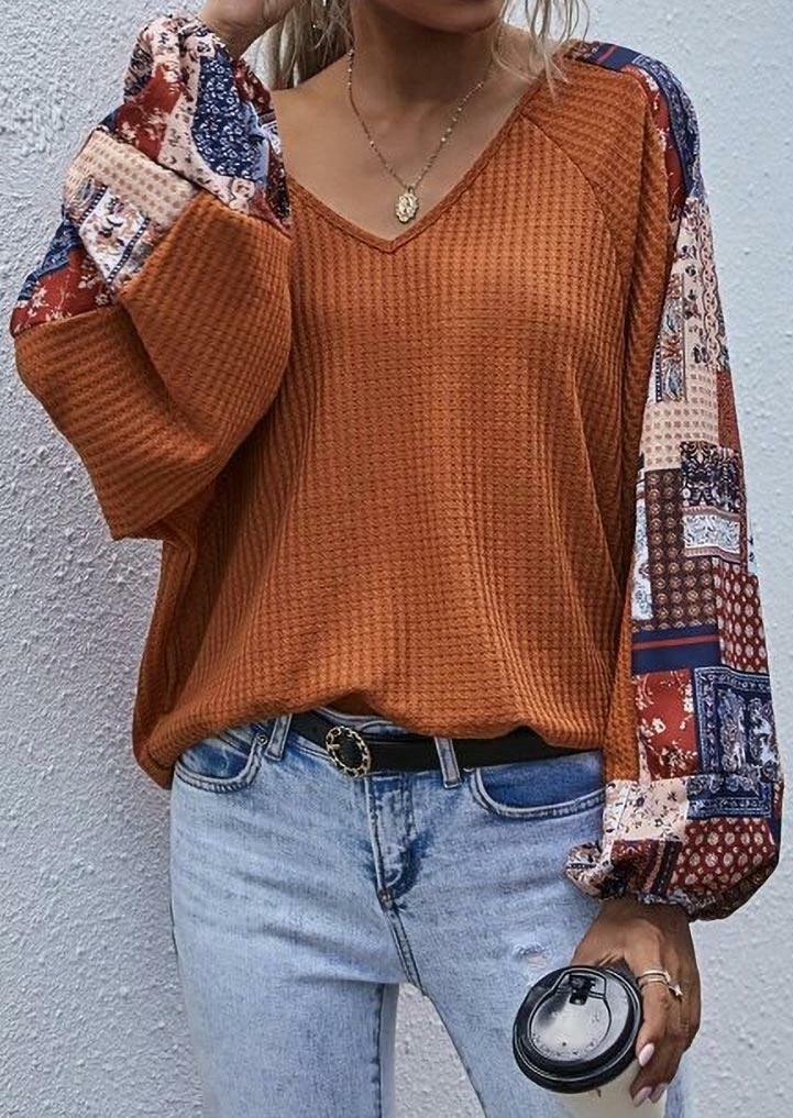 

Vintage Floral Splicing Elastic Cuff V-Neck Blouse - Brown, 488982