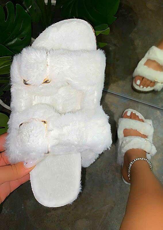 

Hollow Out Buckle Plush Flat Slippers, White, 488996