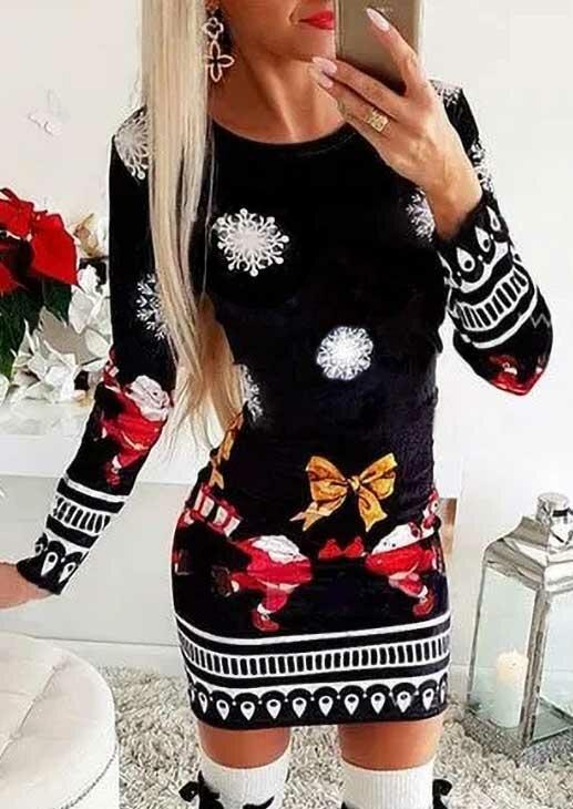 

Christmas Santa Snowflake Long Sleeve Bodycon Dress - Black, 488999