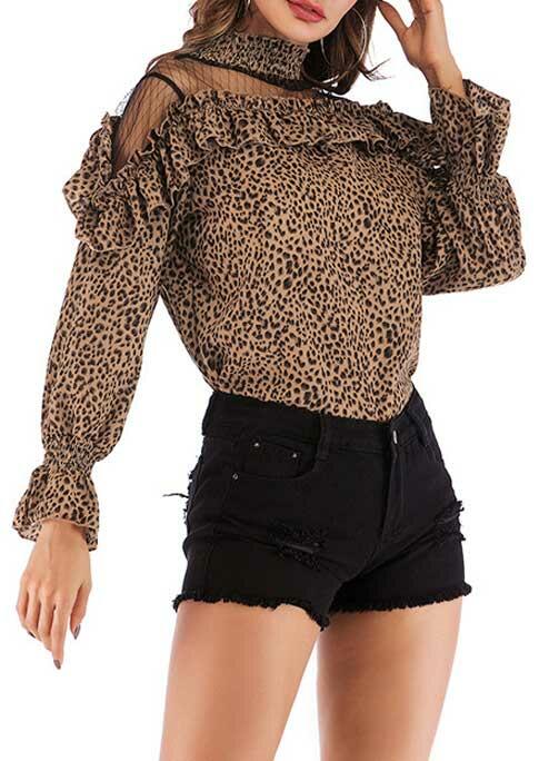 

Leopard Mesh Splicing Ruffled Layered Turtleneck Blouse, 489005