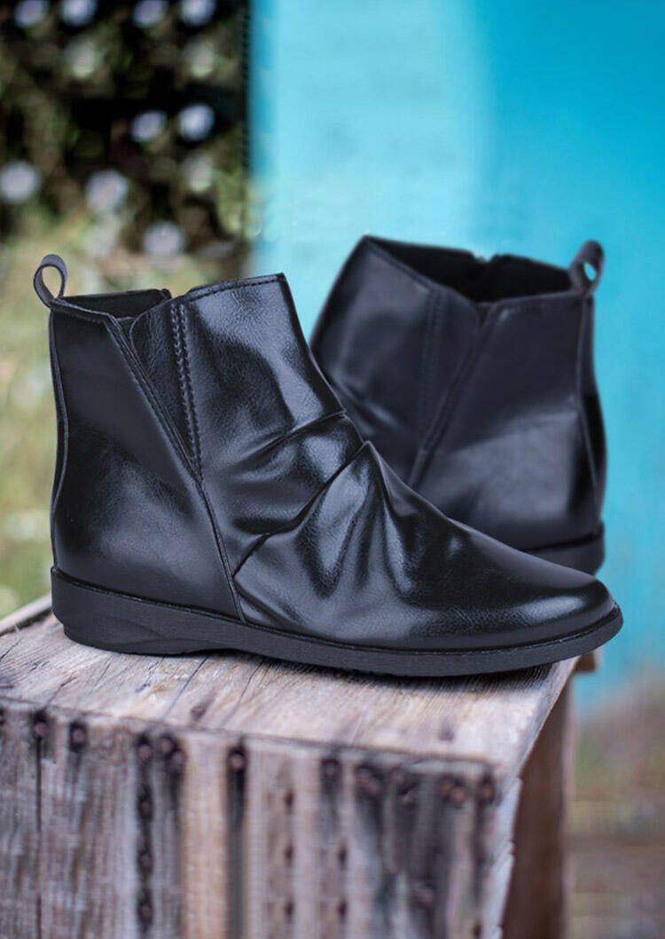 

Zipper Ruffled Round Toe Flat Ankle Boots - Black, 489009