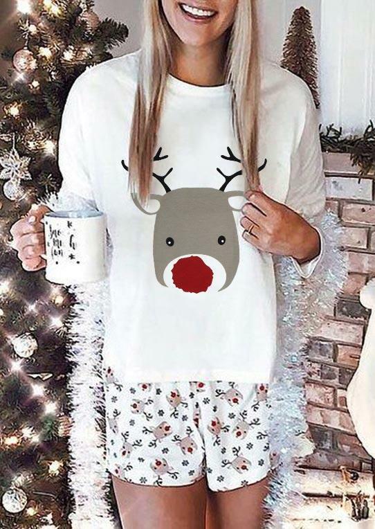 

Christmas Reindeer T-Shirt Tee And Shorts Two-Piece Set - White, 489015