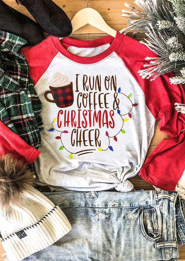 

I Run On Coffee & Christmas Cheer Baseball T-Shirt Tee - Red, 489022