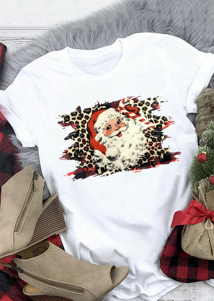 

Christmas Santa Claus Leopard Buffalo Plaid T-Shirt Tee - White, 489025