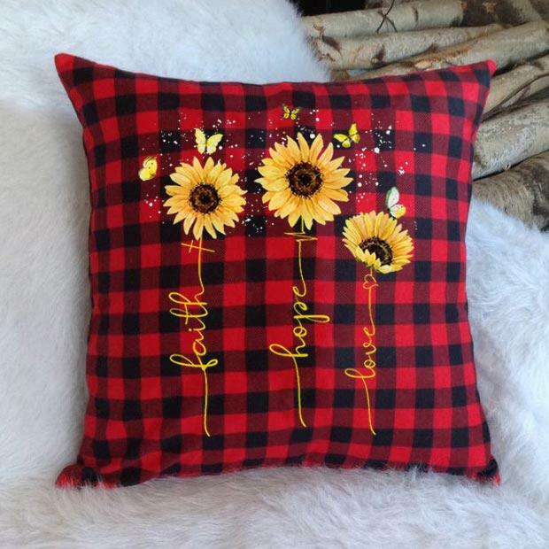 

Buffalo Plaid Sunflower Faith Hope Love Pillowcase without Pillow, Red, 489034