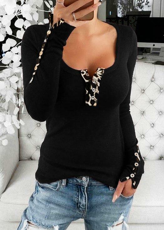

Leopard Splicing Button Low Cut Blouse - Black, 489035