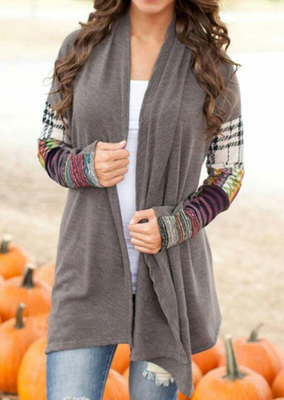 

Plaid Geometric Striped Long Sleeve Cardigan - Gray, 489056