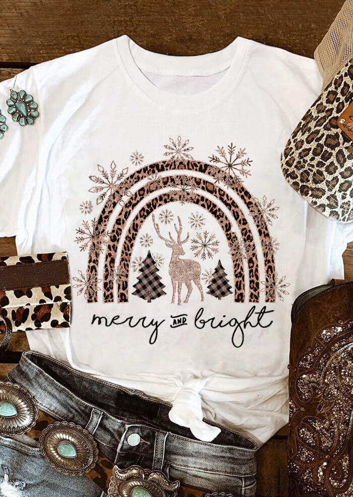 

Christmas Leopard Rainbow Snowflake Plaid Merry And Bright T-Shirt Tee - White, 489058