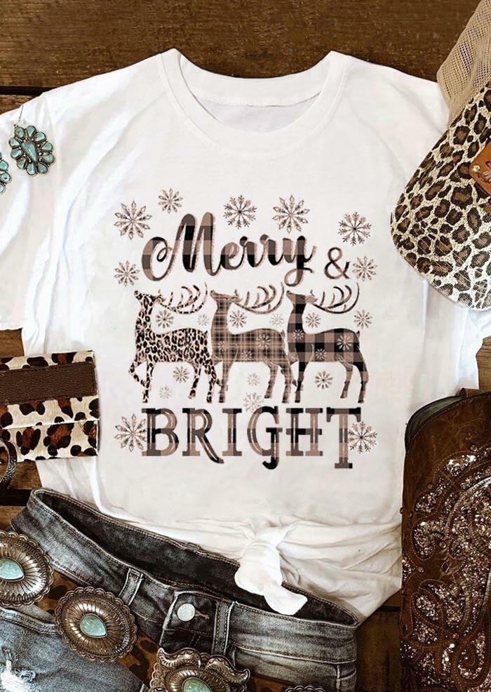 

Christmas Snowflake Leopard Plaid Reindeer Merry & Bright T-Shirt Tee - White, 489059