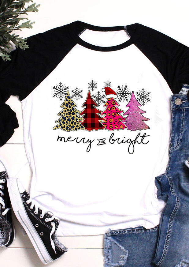 

Christmas Leopard Plaid Tree Snowflake Merry And Bright T-Shirt Tee - Black, 489061