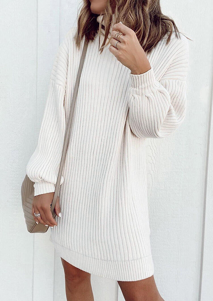 

Elastic Cuff Long Sleeve Turtleneck Knitted Mini Dress - White, 487926