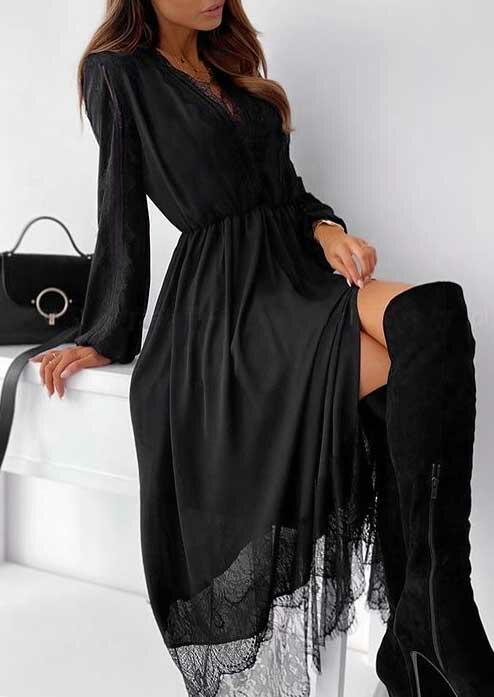 

Lace Splicing Slit Elastic Cuff V-Neck Midi Dress - Black, 488810