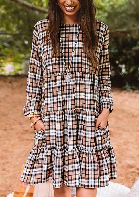 

Plaid Pocket Button Ruffled Long Sleeve Mini Dress, 488884