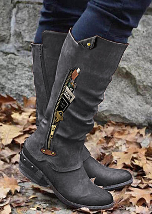 

Rivet Zipper Splicing Round Toe Chunky Heel Mid-Calf Boots, Gray, 489042