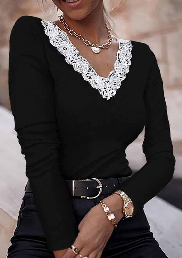 

Lace Splicing V-Neck Long Sleeve Blouse - Black, 489071