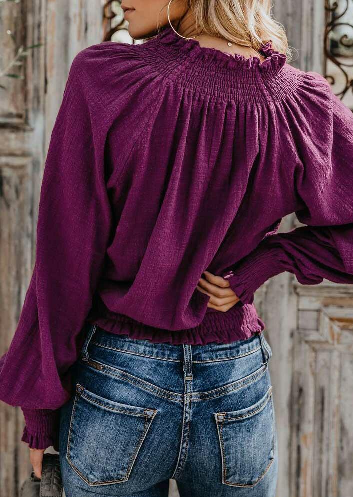 Ruffled Elastic Cuff Long Sleeve V-Neck Blouse - Purple - Bellelily