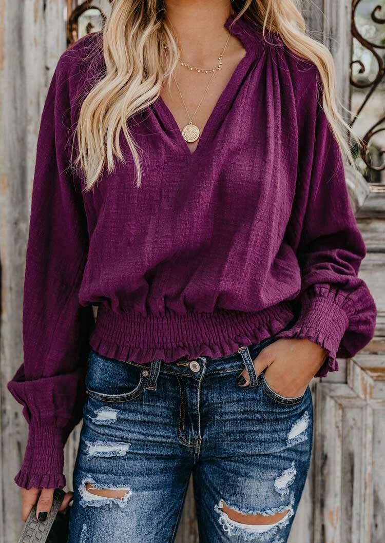 

Ruffled Elastic Cuff Long Sleeve V-Neck Blouse - Purple, 489079