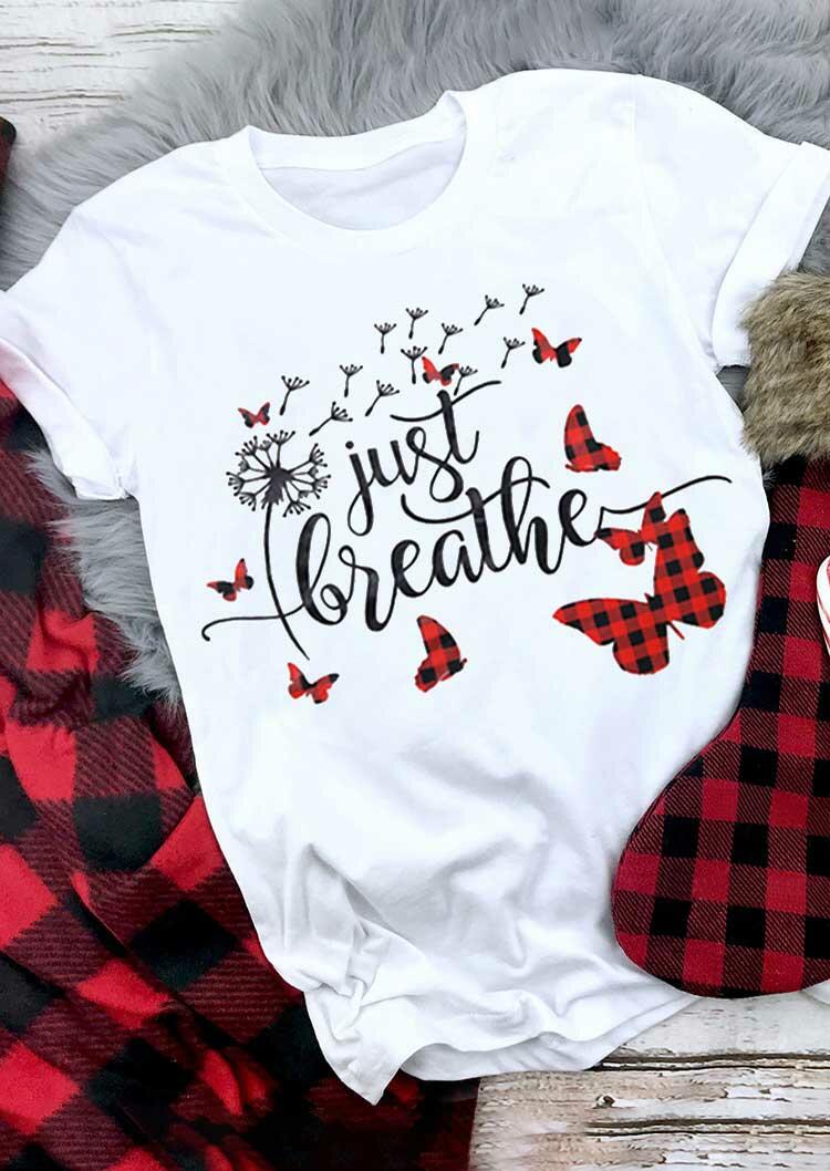 

Christmas Just Breathe Dandelion Plaid Butterfly T-Shirt Tee - White, 489092