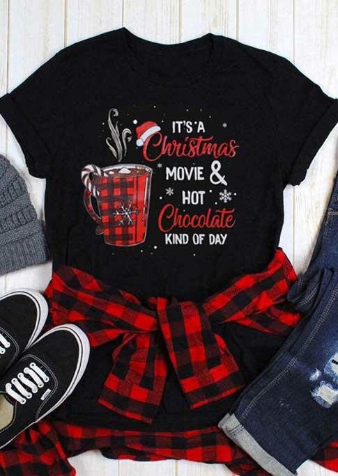 

Christmas Movie & Hot Chocolate Buffalo Plaid T-Shirt Tee - Black, 489094