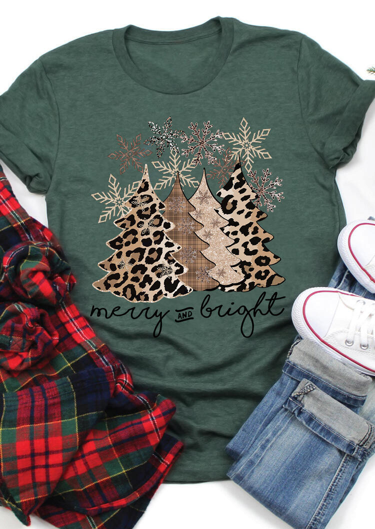 

Leopard Tree Snowflake Merry And Bright T-Shirt Tee - Green, 489103