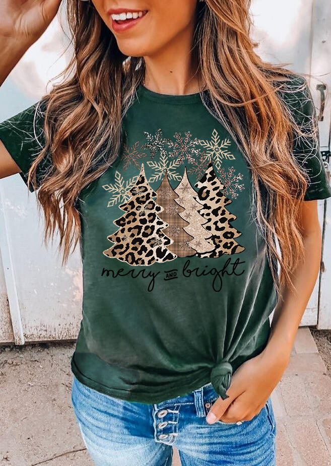 Leopard Tree Snowflake Merry And Bright T-Shirt Tee - Green