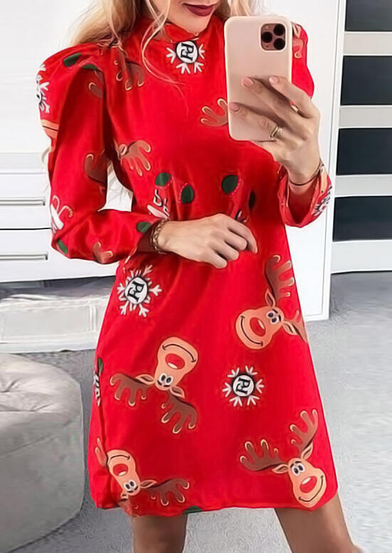 

Christmas Reindeer Puff Sleeve Mini Dress - Red, 489109