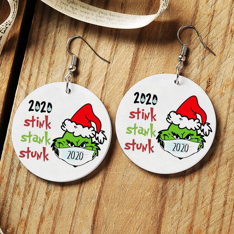 

Christmas Double-Sided 2020 Stink Stank Stunk Grinch Wooded Earrings, Multicolor, 489129