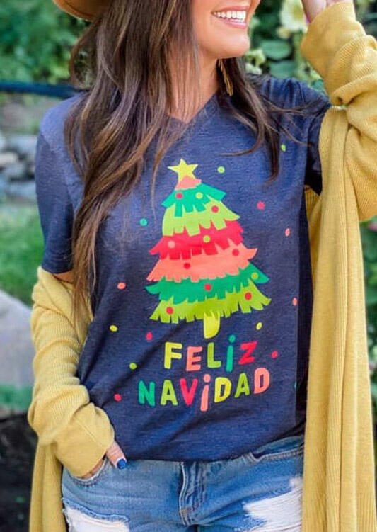 

Christmas Tree Feliz Navidad V-Neck T-Shirt Tee - Blue, 488216