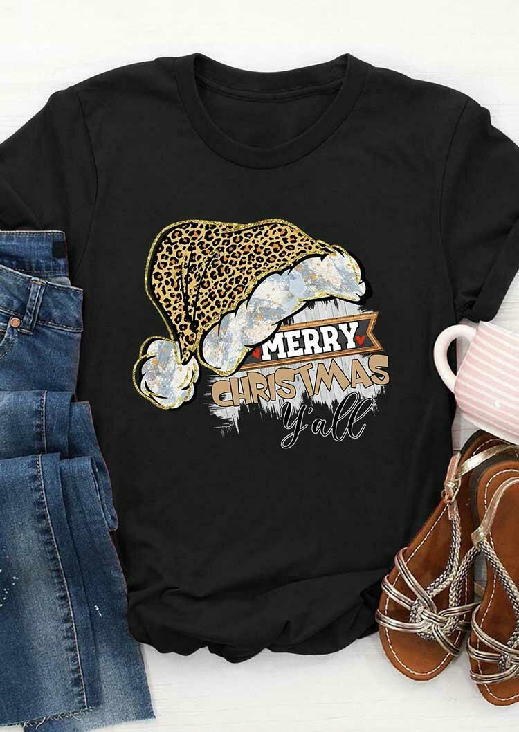 

Merry Christmas Y'all Leopard Santa Hat T-Shirt Tee - Black, 488965