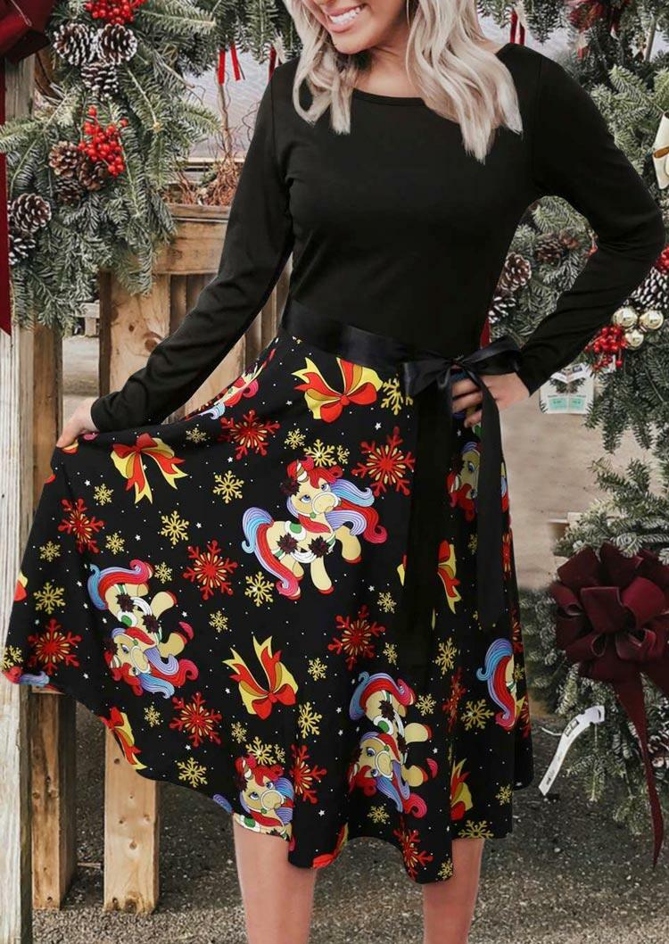 

Christmas Snowflake Unicorn Criss-Cross Casual Dress - Black, 489045