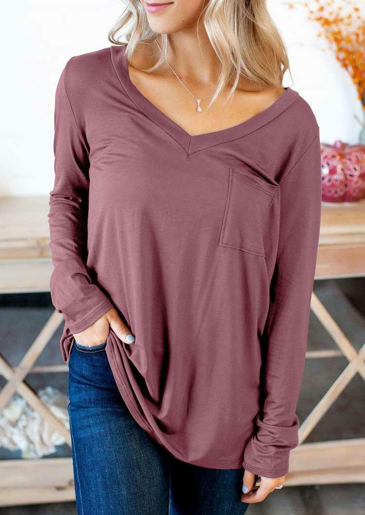 

Pocket Long Sleeve V-Neck T-Shirt Tee - Purple, 489055