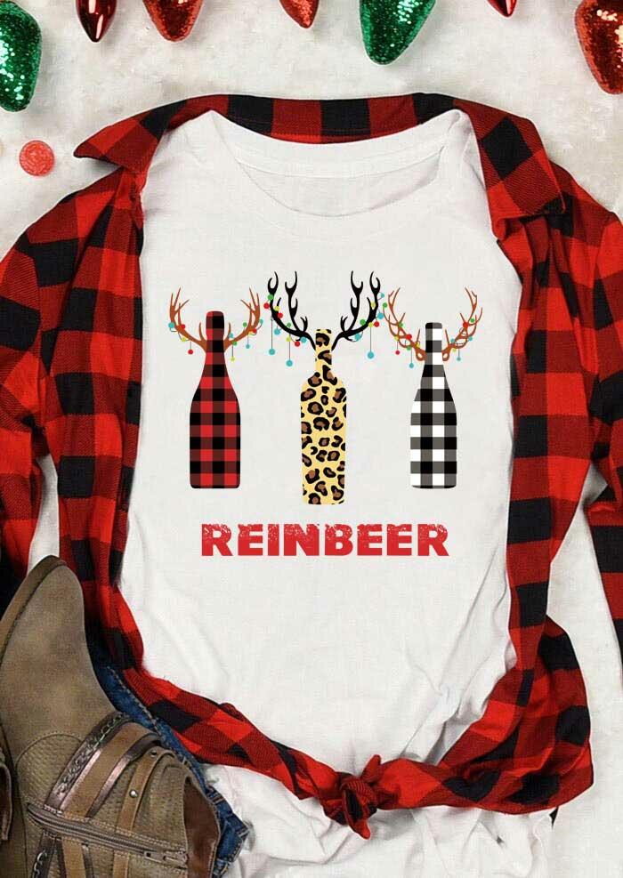 

Leopard Plaid Reinbeer T-Shirt Tee - White, 489096