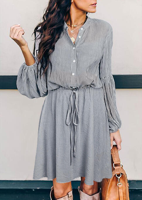 

Ruffled Button Tie V-Neck Elastic Cuff Mini Dress - Gray, 489112