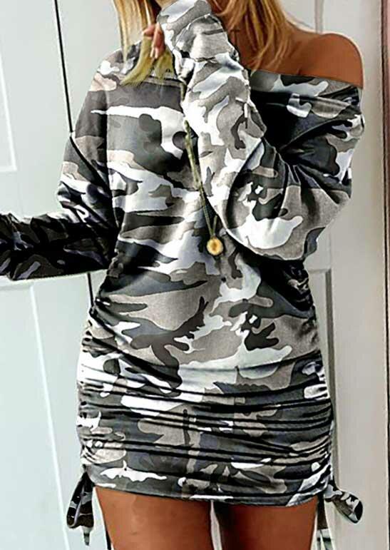 

Camouflage Ruched Drawstring Long Sleeve Mini Dress, 489115