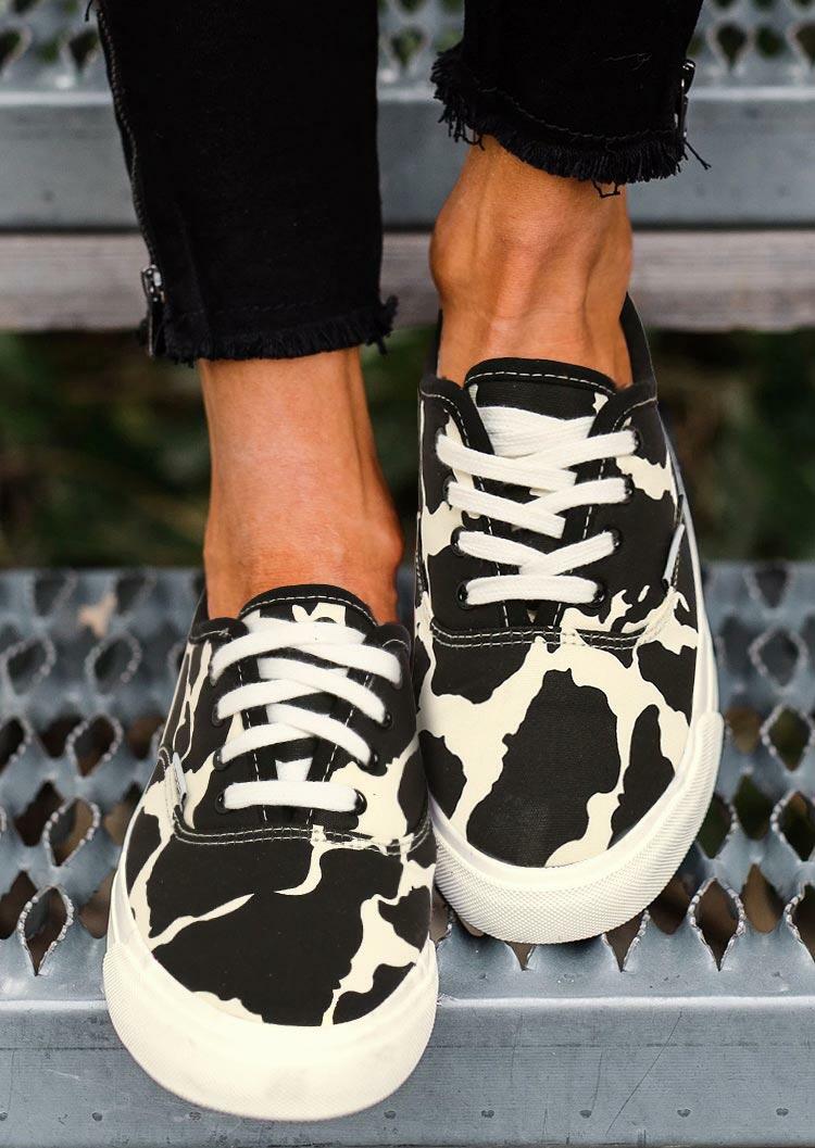 

Cow Print Lace Up Round Toe Flat Sneakers - Black, 489117