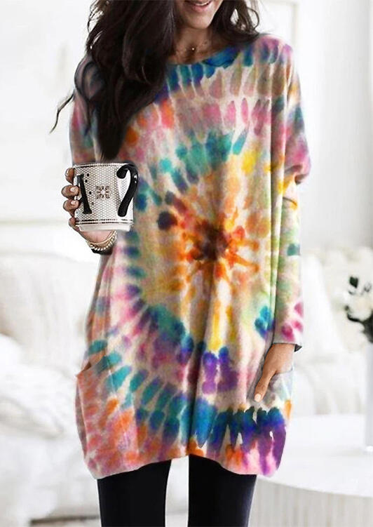 

Tie Dye Swirl Pocket O-Neck Mini Dress, Multicolor, 489124