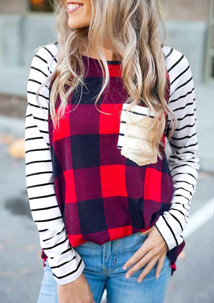 

Striped Sequined Pocket Plaid Splicing Long Sleeve Blouse, 489125