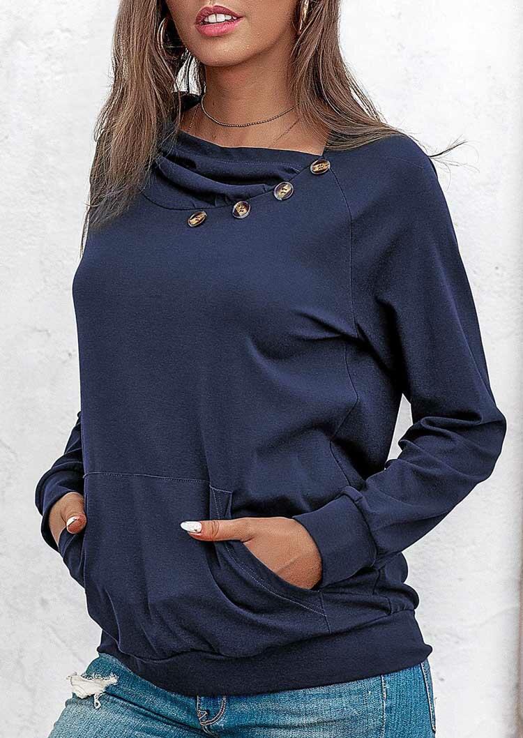 

Button Kangaroo Pocket Long Sleeve Pullover Hoodie - Deep Blue, 489139