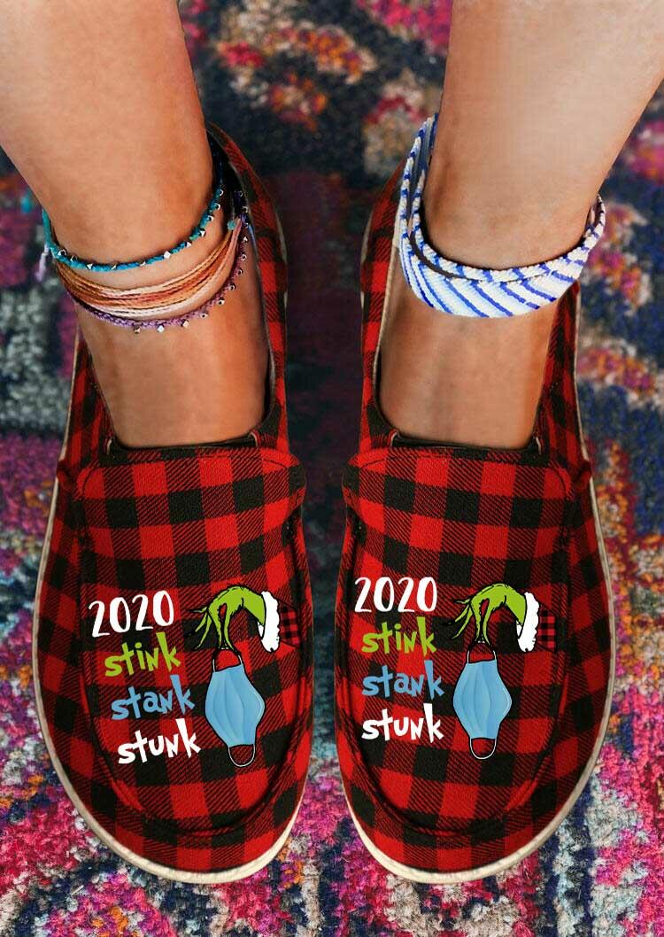 

2020 Stink Stank Stunk Grinch Hand Buffalo Plaid Flat Sneakers - Red, 489151