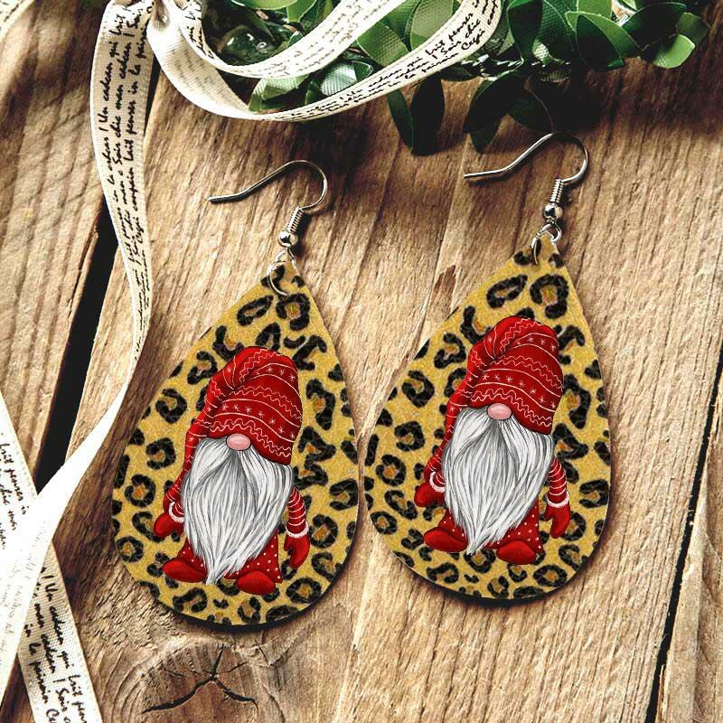 

Christmas Double-Sided Gnomies Leopard Water Drop Earrings, 489157