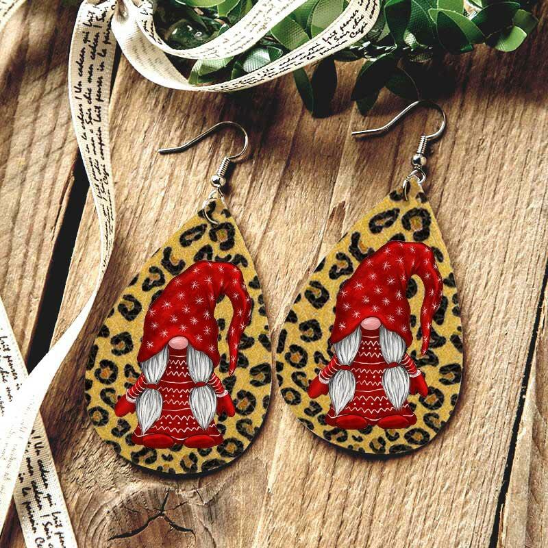 

Christmas Double-Sided Gnomies Leopard Water Drop Earrings, 489158
