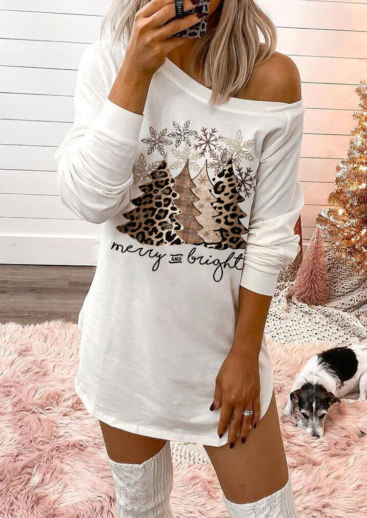 

Leopard Christmas Tree Snowflake Merry And Bright Mini Dress - White, 489223