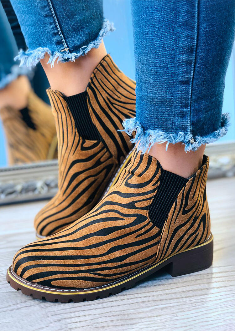 

Zebra Chunky Heel Slip On Ankle Boots - Khaki, 489226