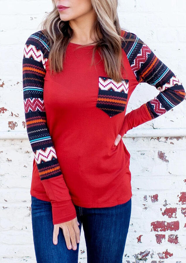 

Aztec Geometric Western Pocket Raglan Sleeve Blouse - Red, 489298