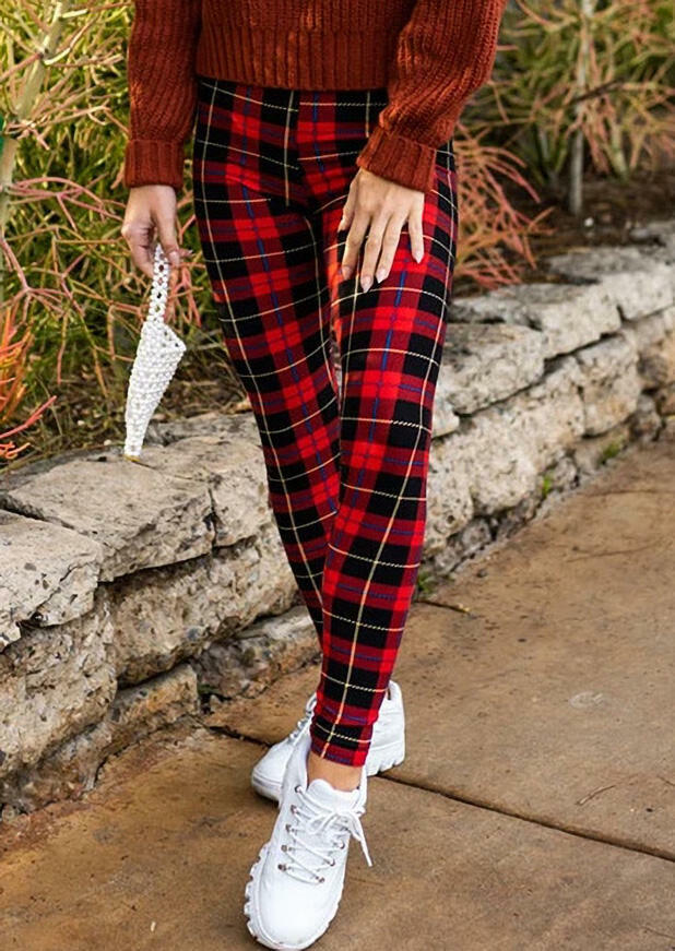 

Plaid Splicing Skinny Casual Leggings, 456030