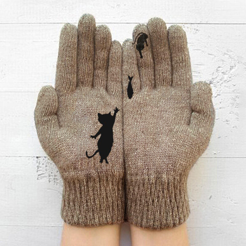 

Winter Warm Black Cat Fish Knitted Gloves, Khaki, 488484