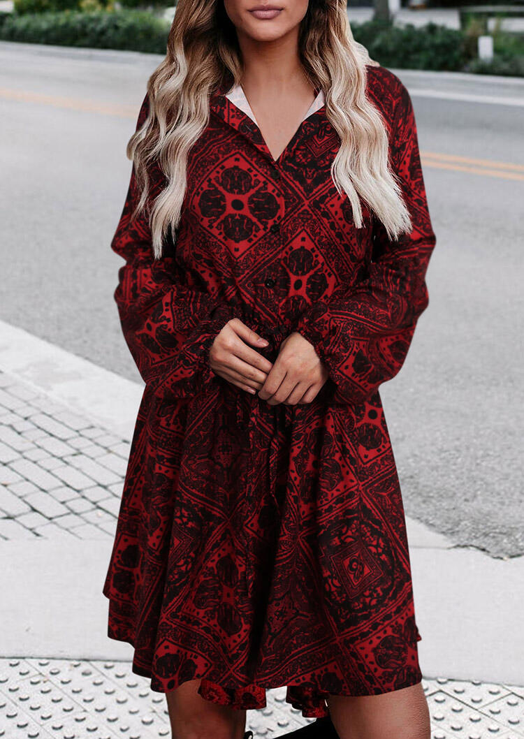 

Floral Geometric Ruffled V-Neck Elastic Cuff Mini Dress - Red, 489107
