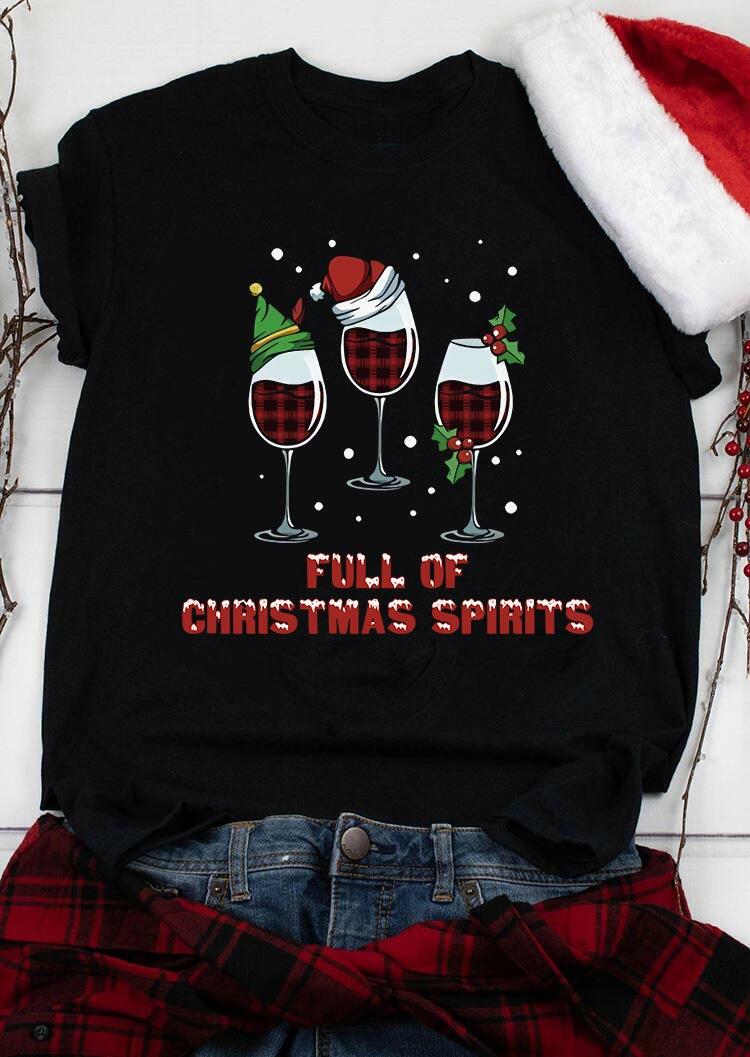 

Wine Full Of Christmas Spirit Buffalo Plaid T-Shirt Tee - Black, 489176